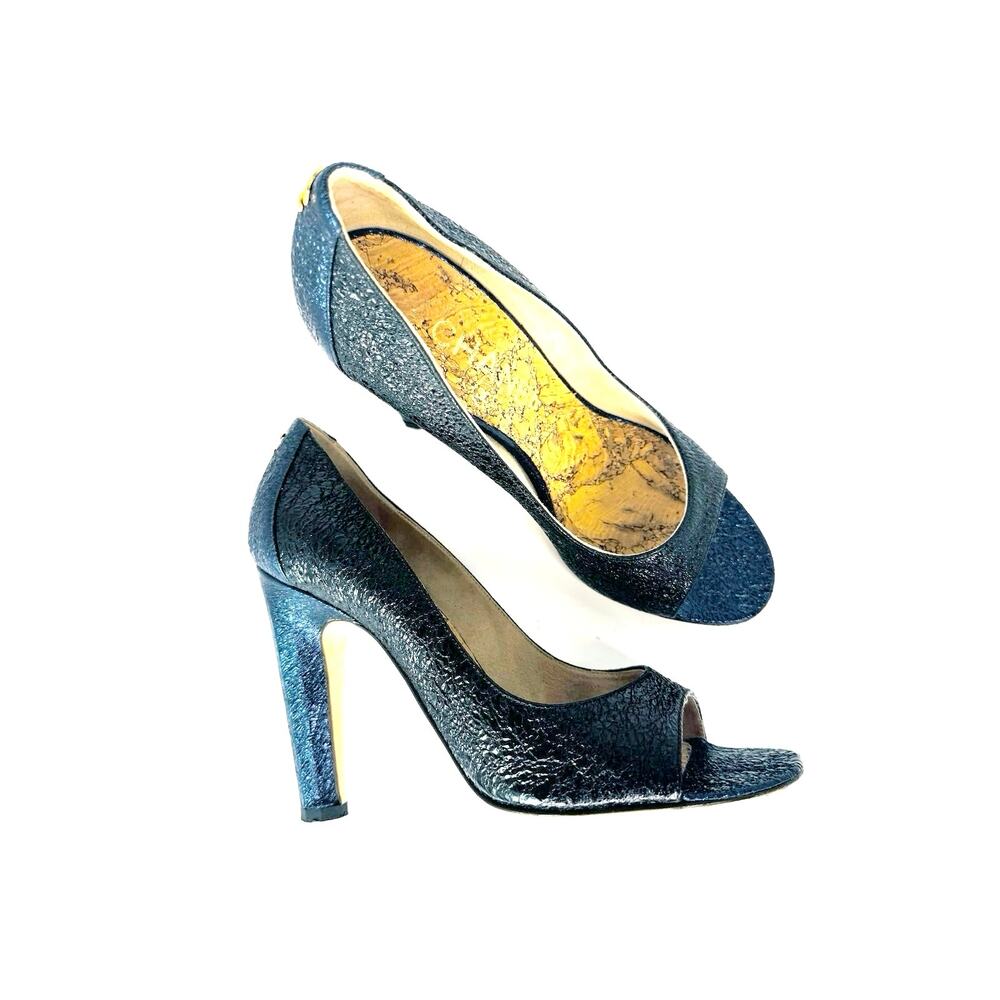 Chanel 2012 Metallic Navy CC Logo Embossed Peep Toe Heels EU 36